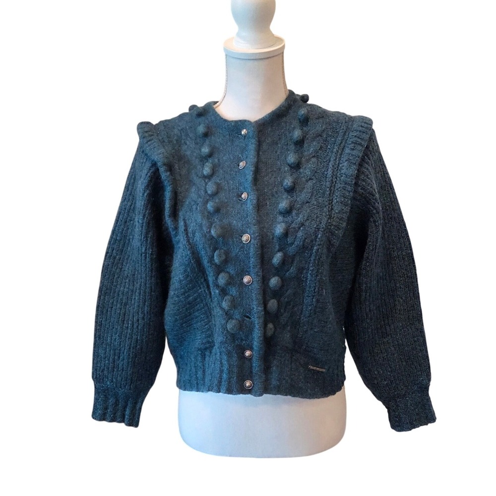 Geiger Tyrol Cardigan Wool Blend Bobble Ruffle Blue Cottagecore Winter Sz 40
